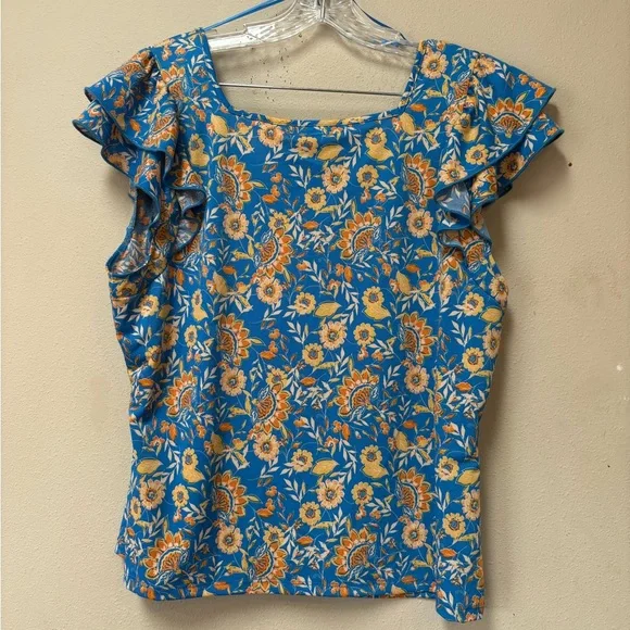 Blue Floral Ruffle Sleeve Blouse XL Boho Cottagecore Top - Picture 2 of 5